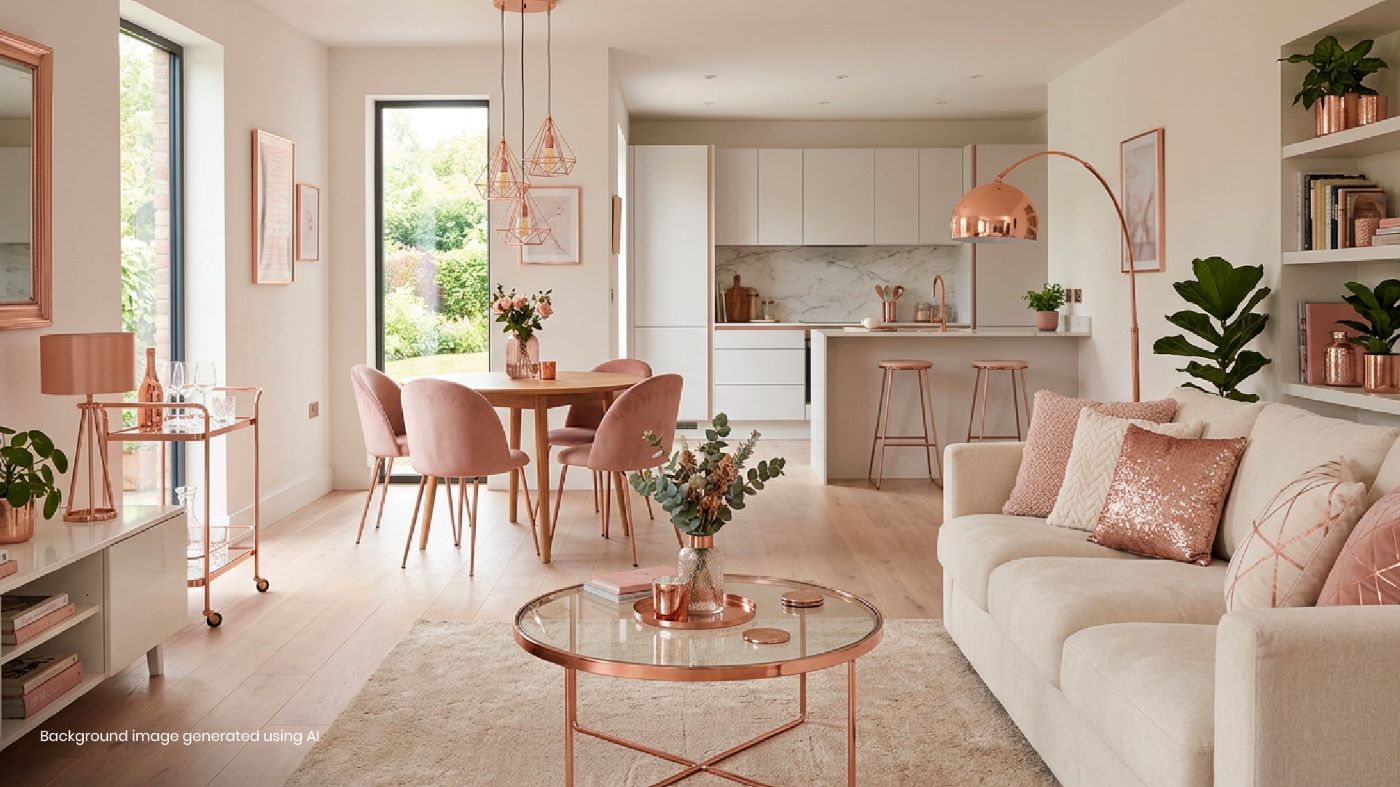 Modern open-plan kitchen and living room with rose gold décor and contemporary home furnishings