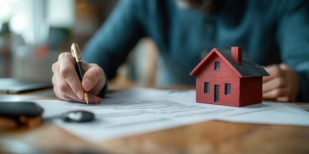 Hand signing a real estate contract beside a red house model.