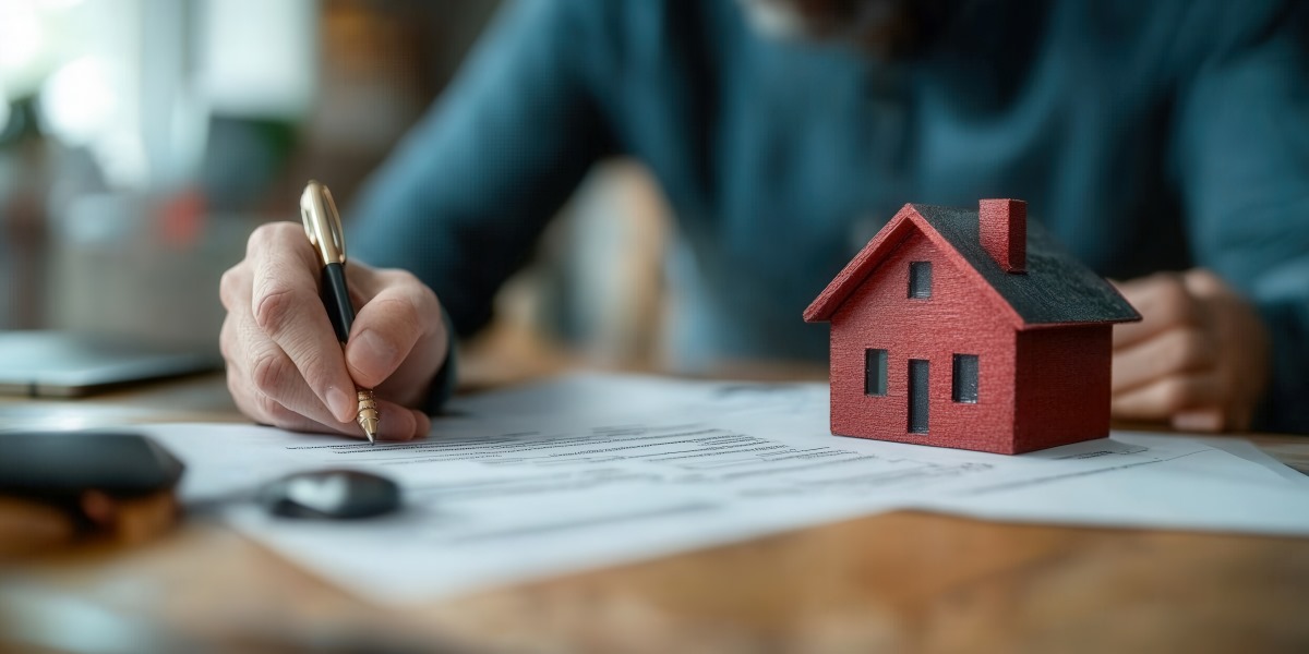 Hand signing a real estate contract beside a red house model.