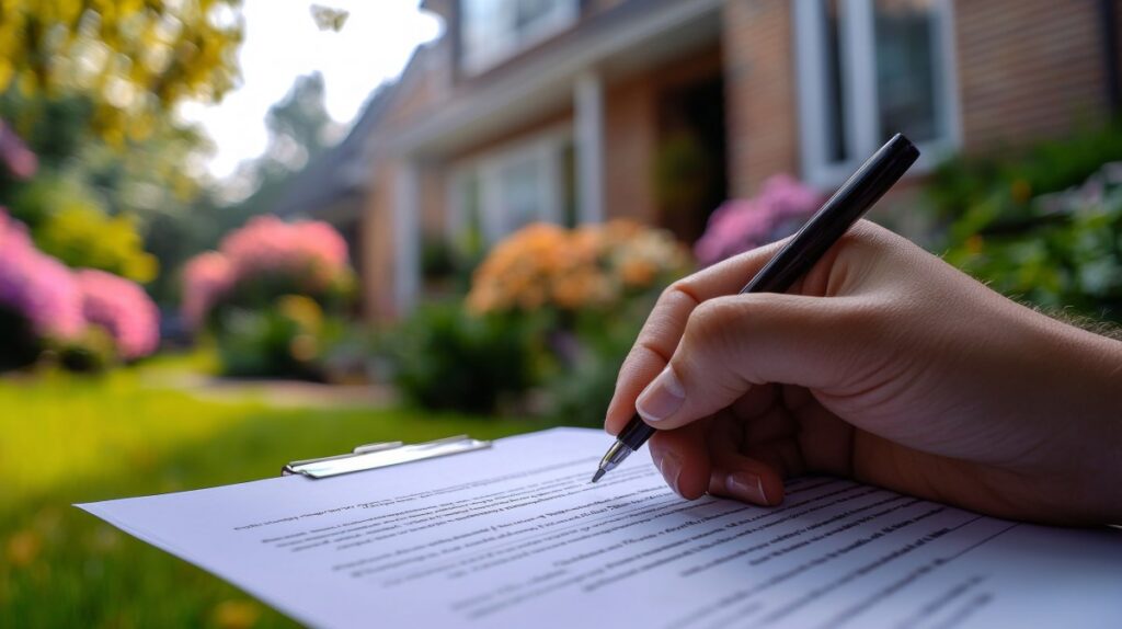 Person signing a property contract in front of a house.