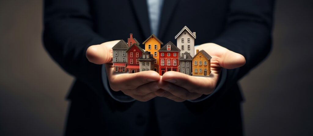 AI-generated businessman holding real estate building icons.