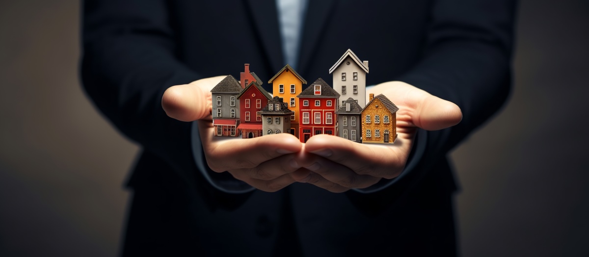 AI-generated businessman holding real estate building icons.