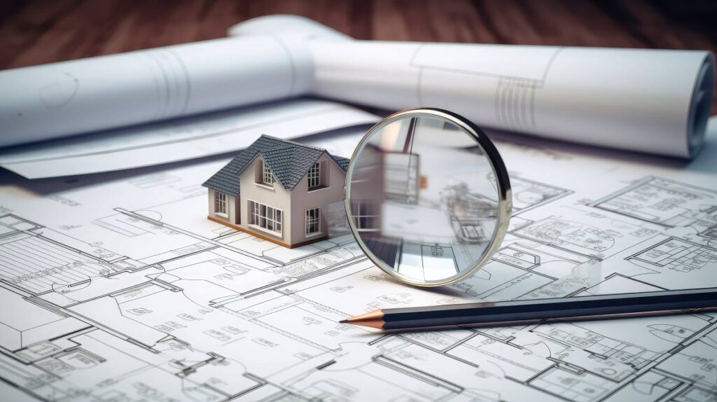 Magnifying glass examining a house, representing property research and inspection.