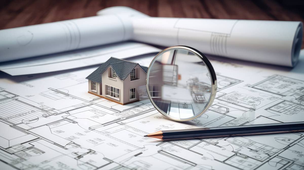 Magnifying glass examining a house, representing property research and inspection.