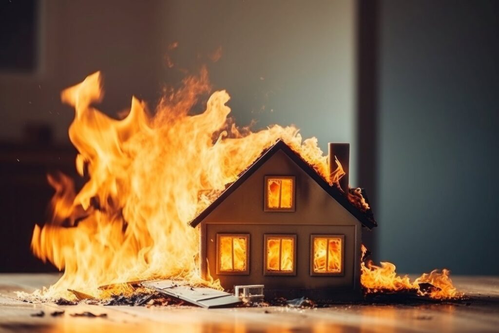 Burning house representing a home insurance and property damage concept.