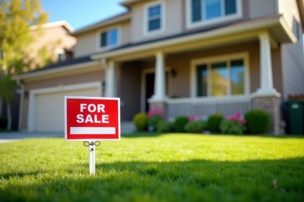 House for sale sign in a front yard, representing a home-selling concept.