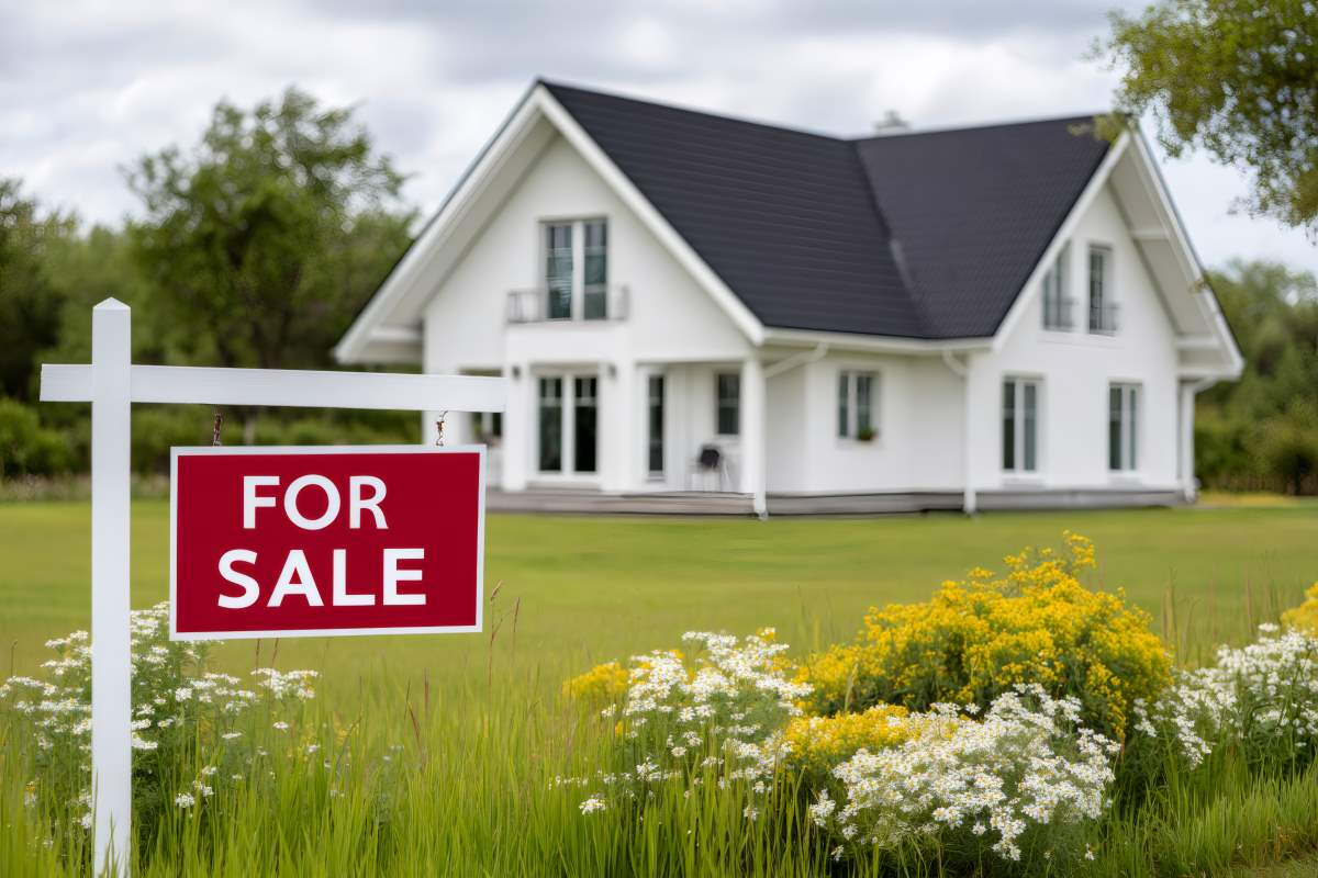 House for sale sign in front of a modern residential property.