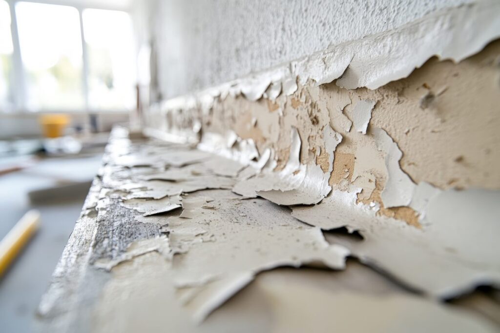 Peeling paint on an interior wall showing signs of renovation.