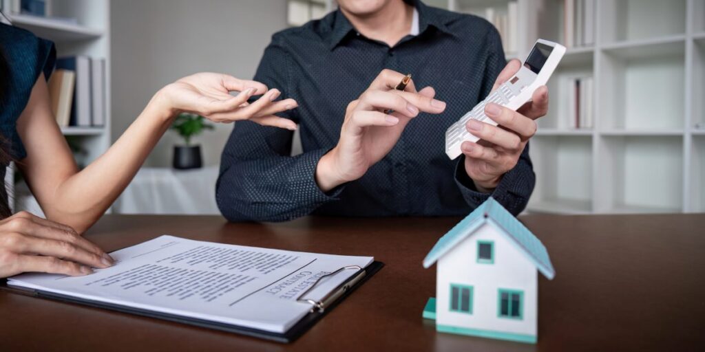 Real Estate Agent Discussing Home Purchase Contract with Client, Signing Agreement, and Calculating Mortgage