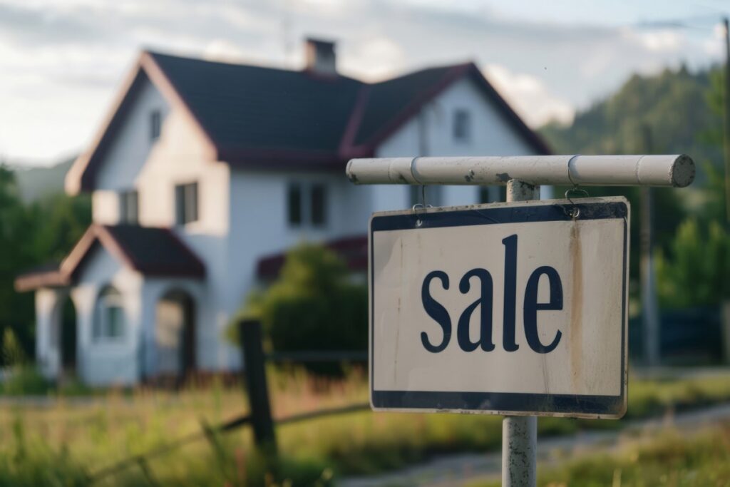 For sale sign in focus with a blurred house in the background