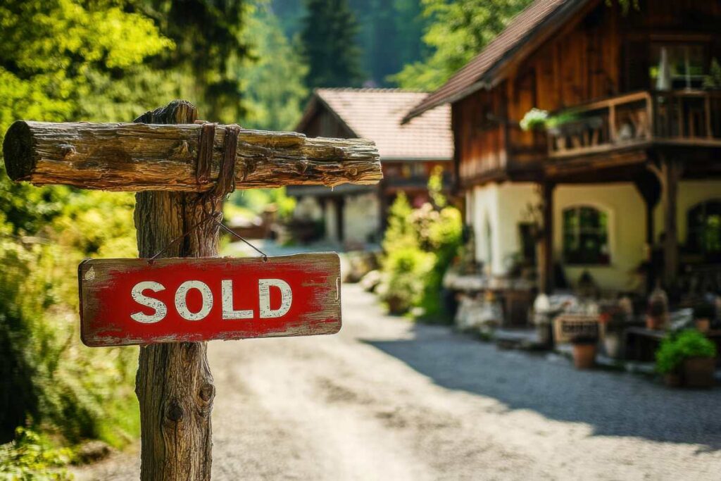 Charming countryside property with sold sign and lush greenery