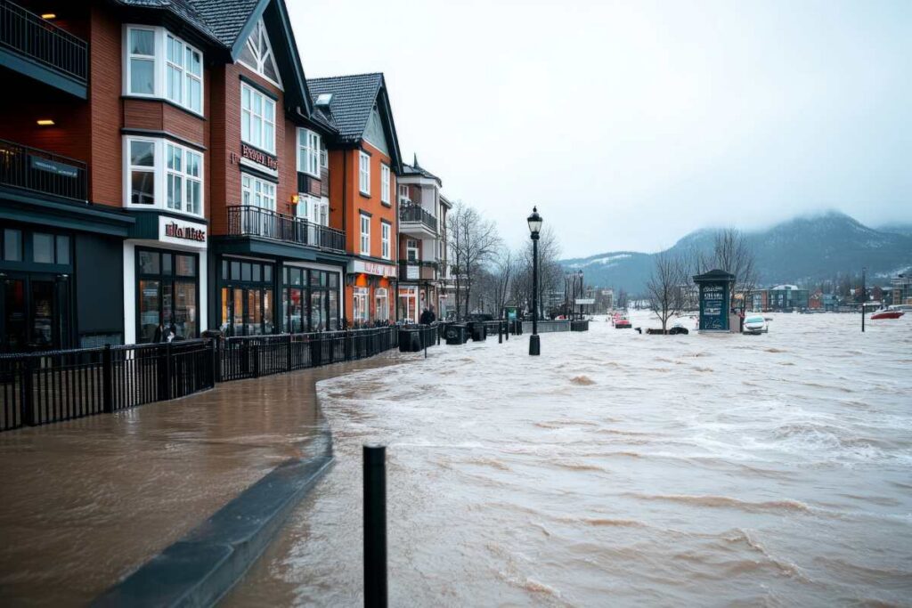 Floodwaters rise in a downtown area with buildings and cars partially underwater
