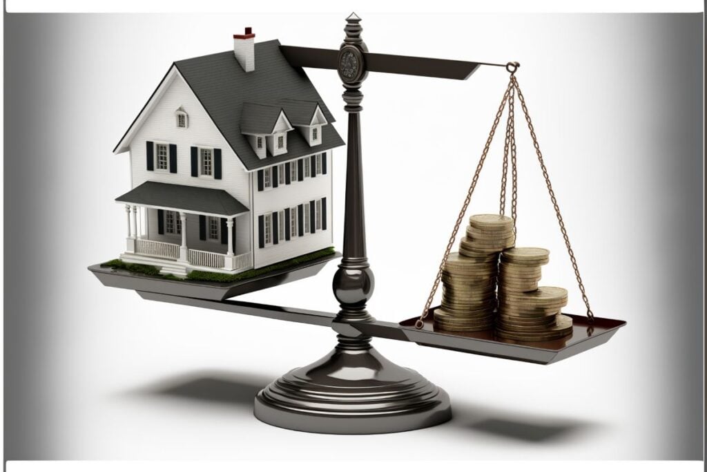 Scales with house on one side and money on the other, background
