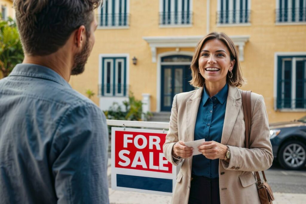 Man real estate agent stands in front of a private house