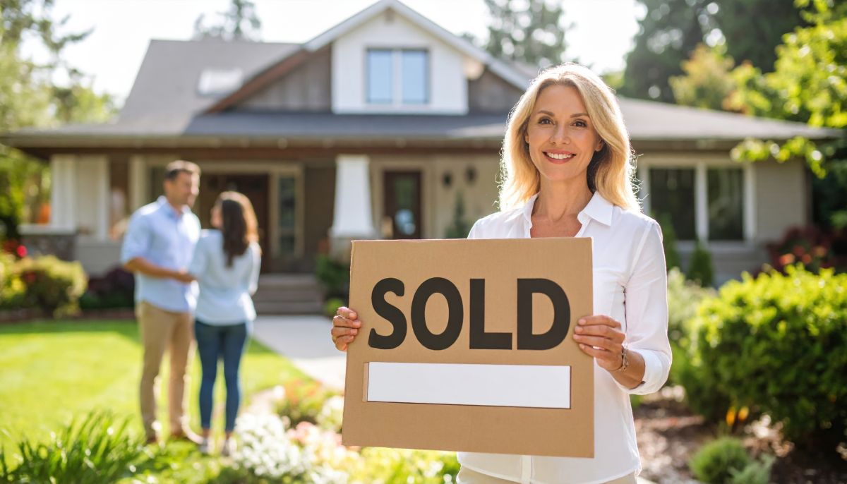 Happy woman holds SOLD sign in front of beautiful house, symbolizing successful real estate transaction