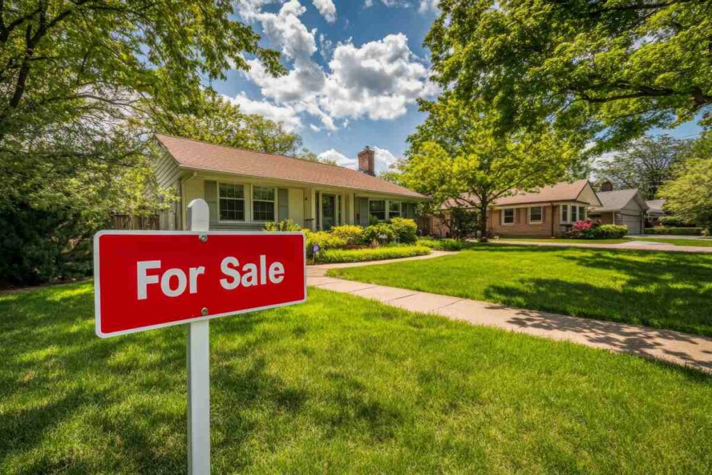 Bright red For Sale sign in front of suburban home with classic design on a sunny day