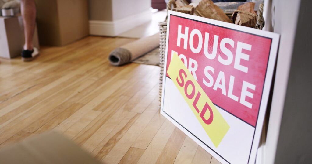 Billboard, house and rent with sale for sold property, asset or moving in new home or neighborhood