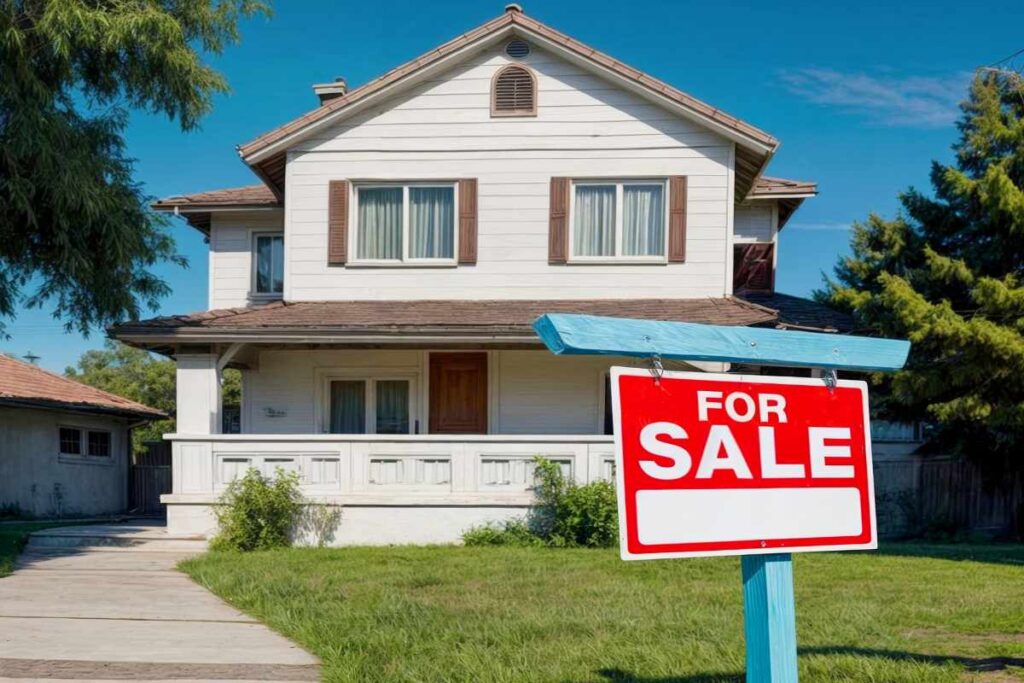 There is a FOR SALE sign near a private house