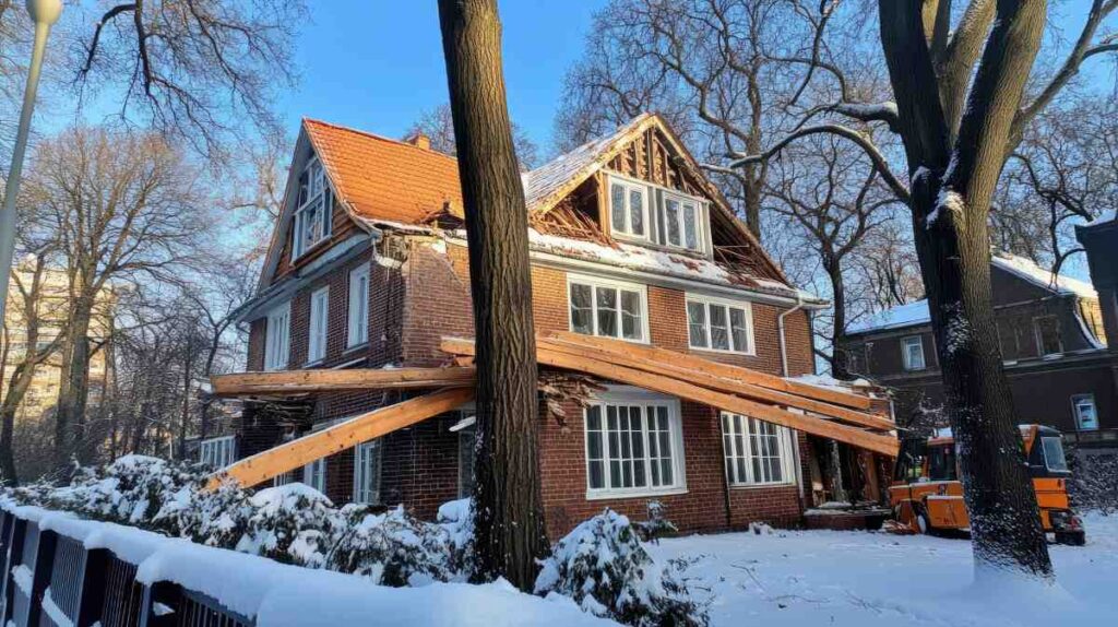 A house with a large wooden beam on top of it