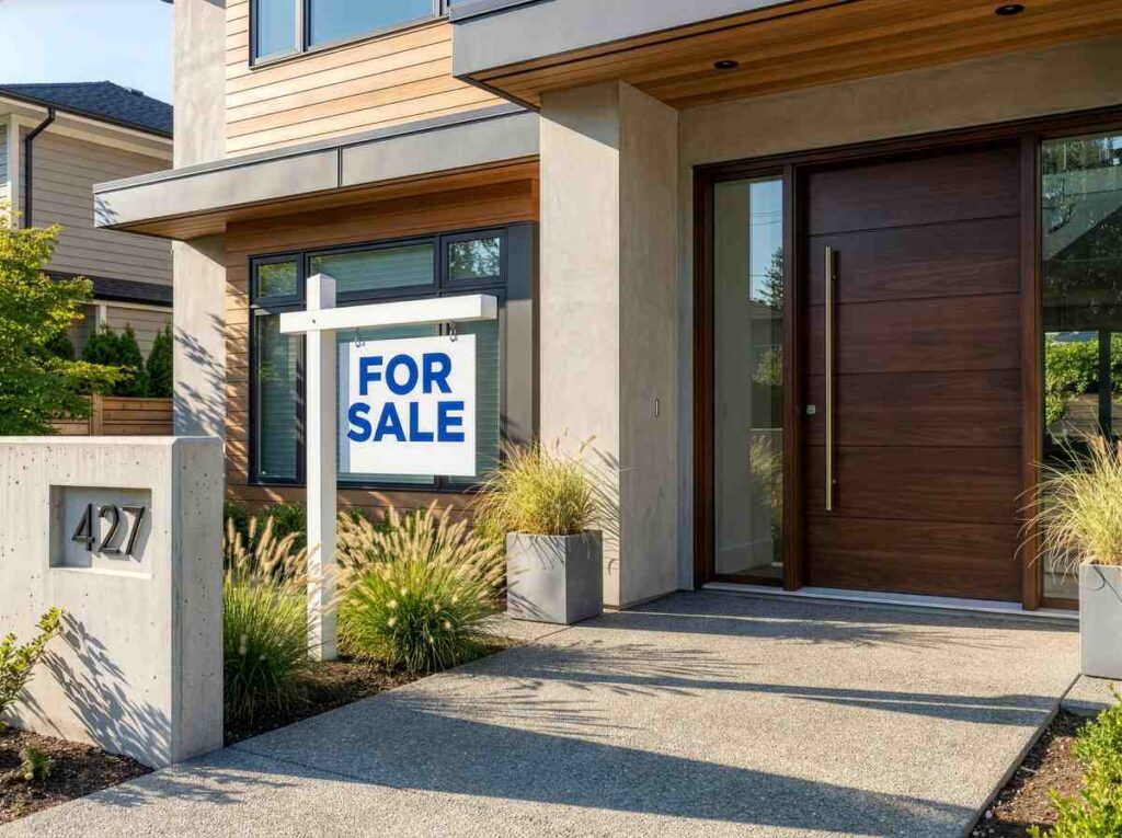 Modern Luxury Home Exterior with For Sale Sign and Contemporary Architecture