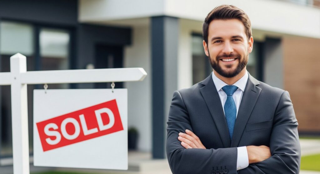 Real estate agent standing next to sold sign, arms crossed