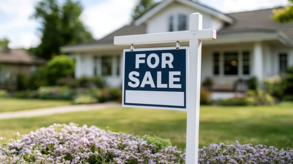 Real estate for sale sign in front of a suburban house with a well-maintained garden and blooming flowers under a clear blue sky during daytime