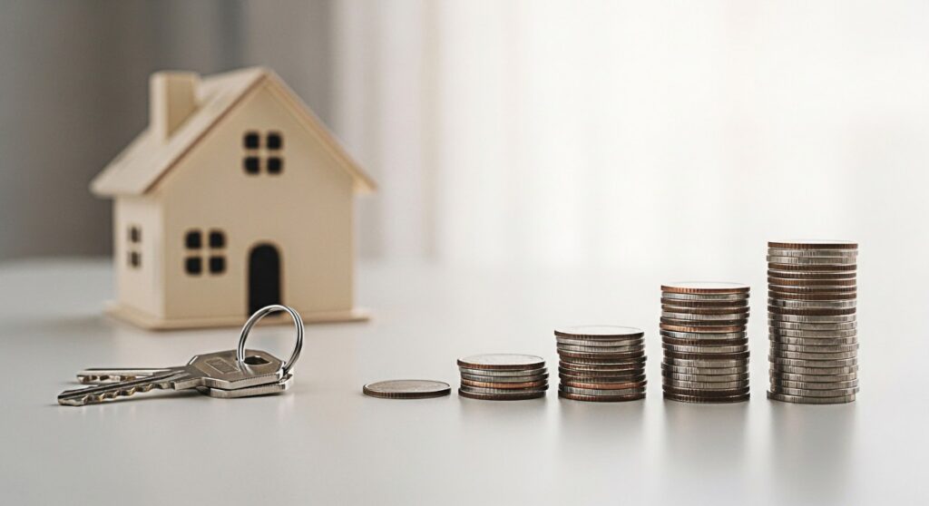 Miniature house model with keys and stacks of coins on a white table symbolizing saving money