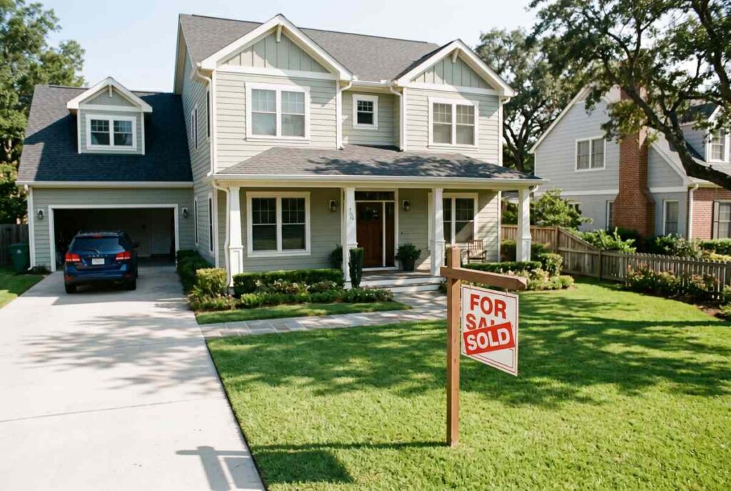 Red sold sticker applied to a for sale real estate sign near a home