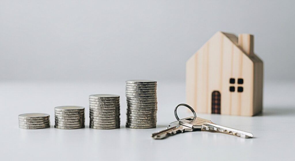 Stacks of coins and house keys on a white surface representing financial growth and investment in real estate symbolizing home ownership