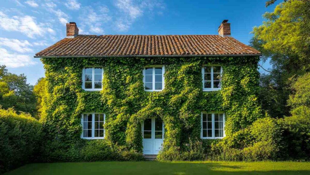 Charming green house covered in ivy. A beautiful house draped in vibrant green ivy, surrounded by lush greenery under a clear blue sky