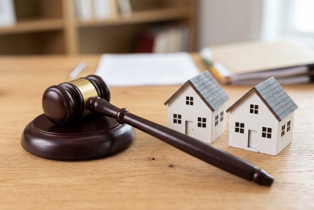 Wooden gavel and small model houses on desk with legal documents