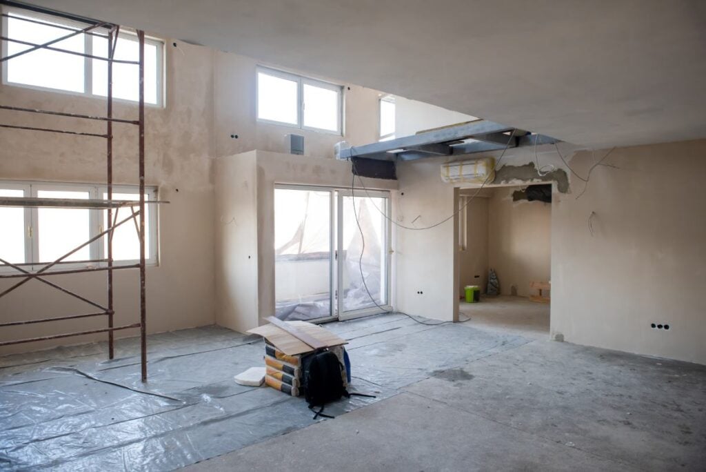 interior of construction site with scaffolding