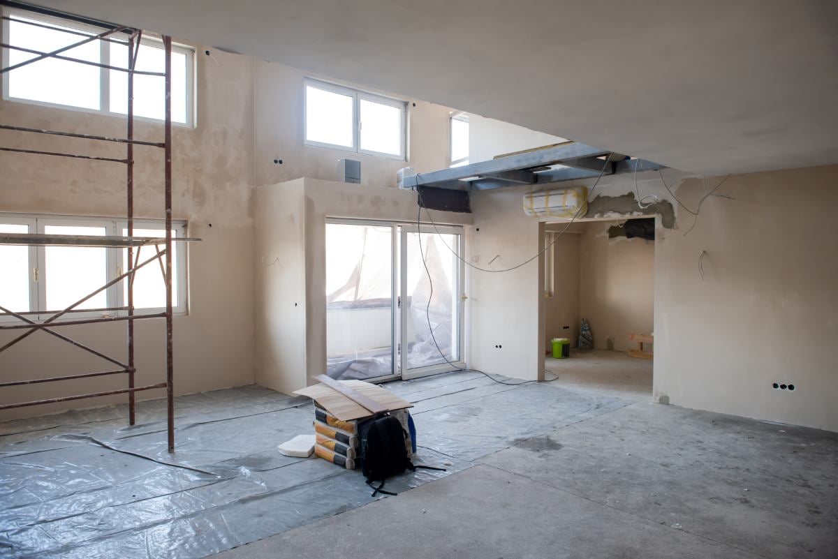 interior of construction site with scaffolding