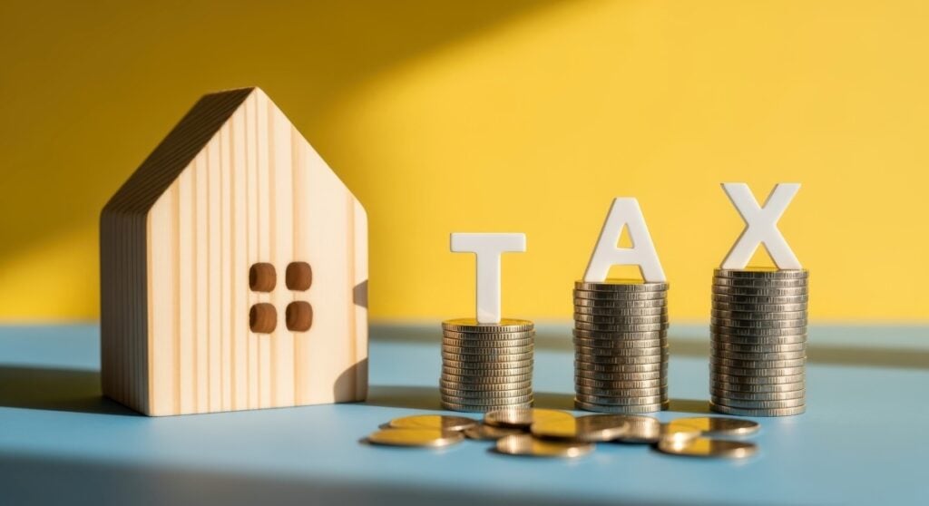 Property Tax Concept with Wooden House and Coins Stacked, Representing Financial Obligation and Real Estate Investment