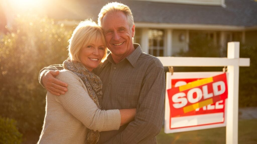 Couple celebrates home purchase with sold sign in warm sunset light