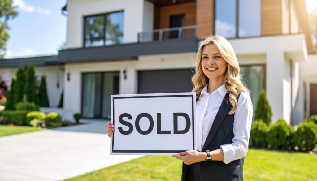 Young woman holding sold sign in front of modern house with garden on sunny day