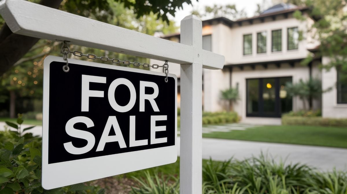 For Sale Sign Displayed in Front of a Suburban House in Daytime
