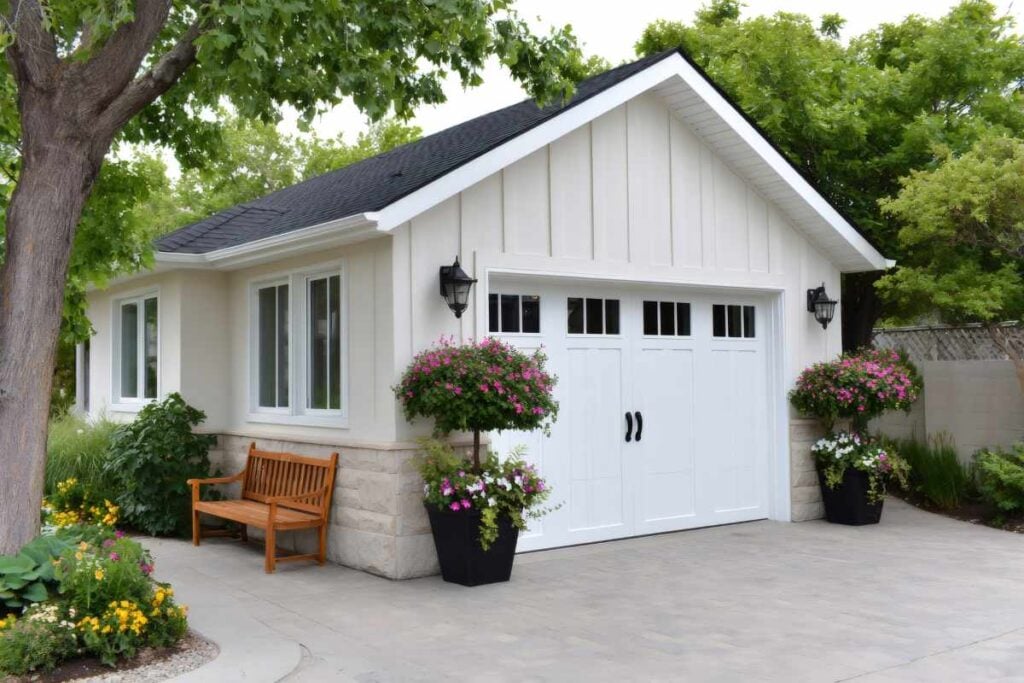 White modern garage exterior with decorative landscaping and driveway