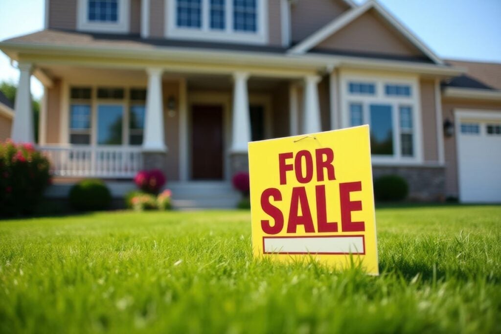 House for sale sign in front yard, selling house concept