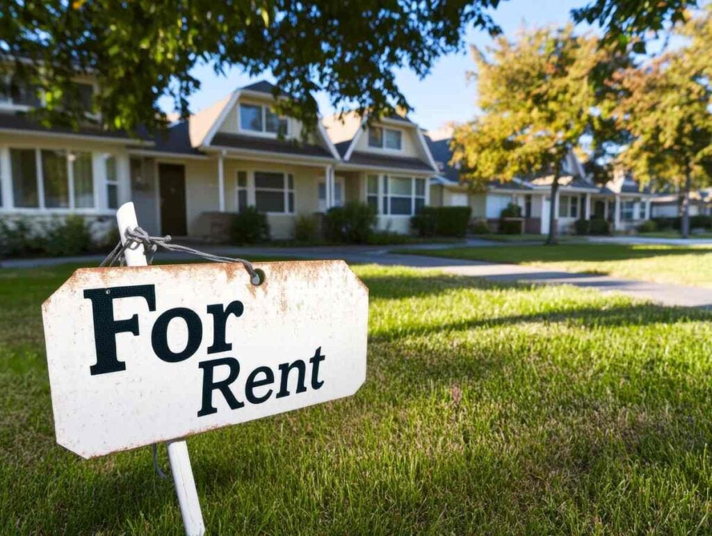 House for rent with signage in a residential neighborhood