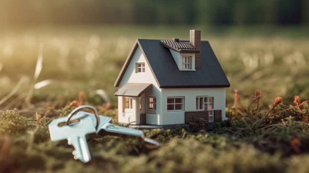 Miniature house with keys on wooden background. Real estate concept