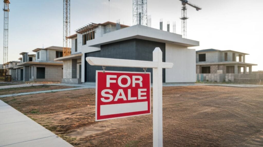 For Sale Sign Sits in Front of New Homes Under Construction at Sunset